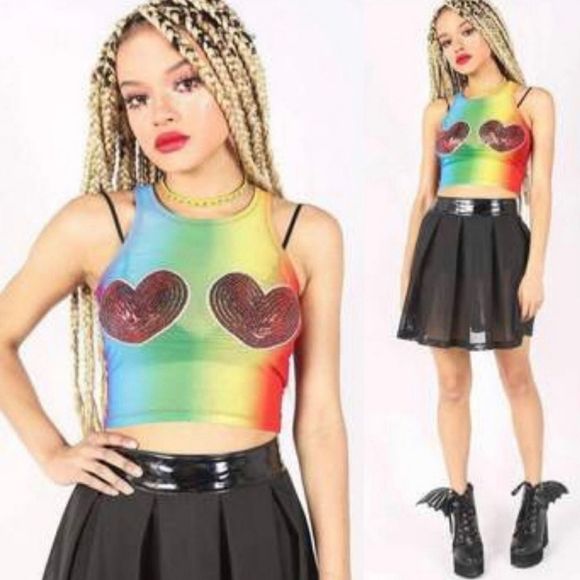 New Iron Fist Somewhere Semi-Sheer Rainbow Crop Tank Top with Sequin Hearts - Picture 1 of 4